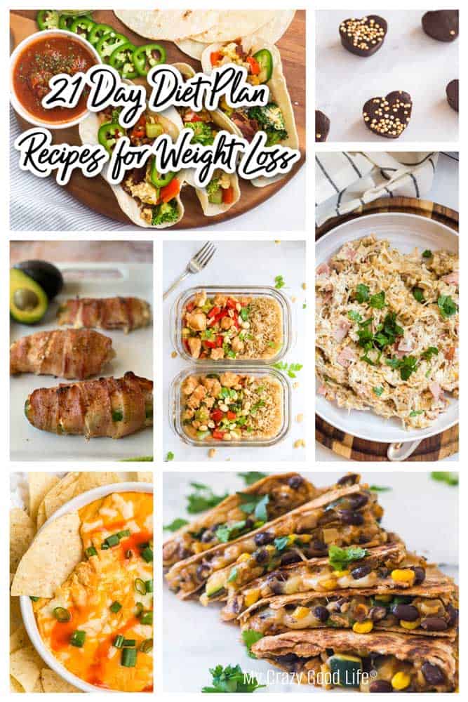 collage of 7 healthy recipes for the 21 day diet, with text