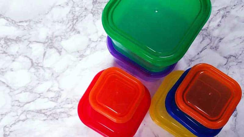 top down view of containers on a marble counter