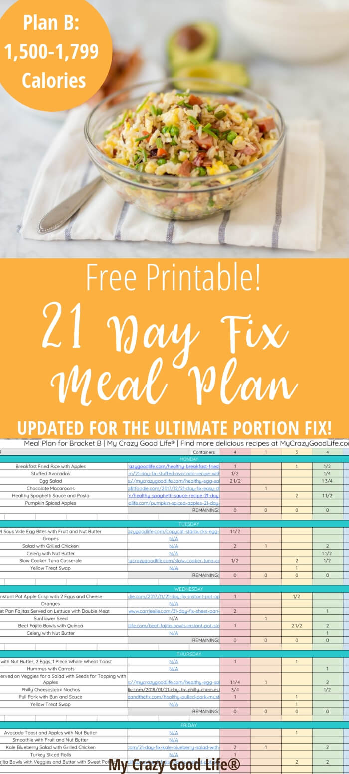 This free 21 Day Fix Meal Plan B is for the 1,500 calorie bracket. This is also an Ultimate Portion Fix Meal Plan for Plan B. Delicious and easy recipes and meals to get the best Ultimate Portion Fix results! Meal Planning and Prepping is so much easier with a plan!