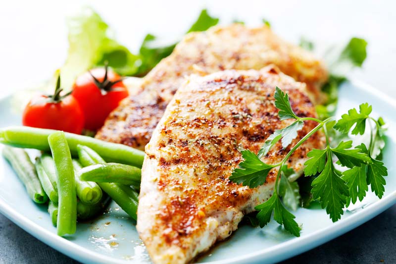 grilled chicken and vegetables on a white plate