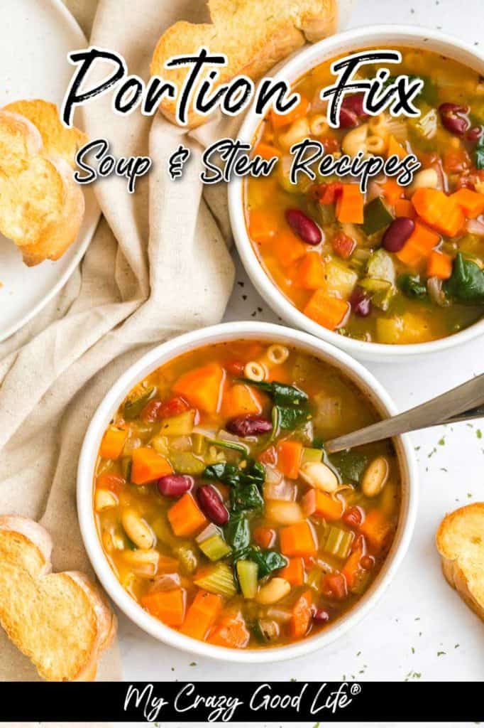 two white bowls full of minestrone soup with toasted bread in the background