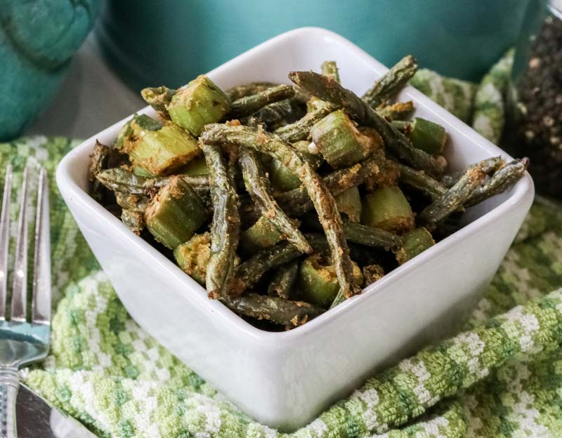 air fried orka and green beans in a white bowl