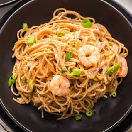 image from above with black bowl full of Bang Bang Shrimp Pasta