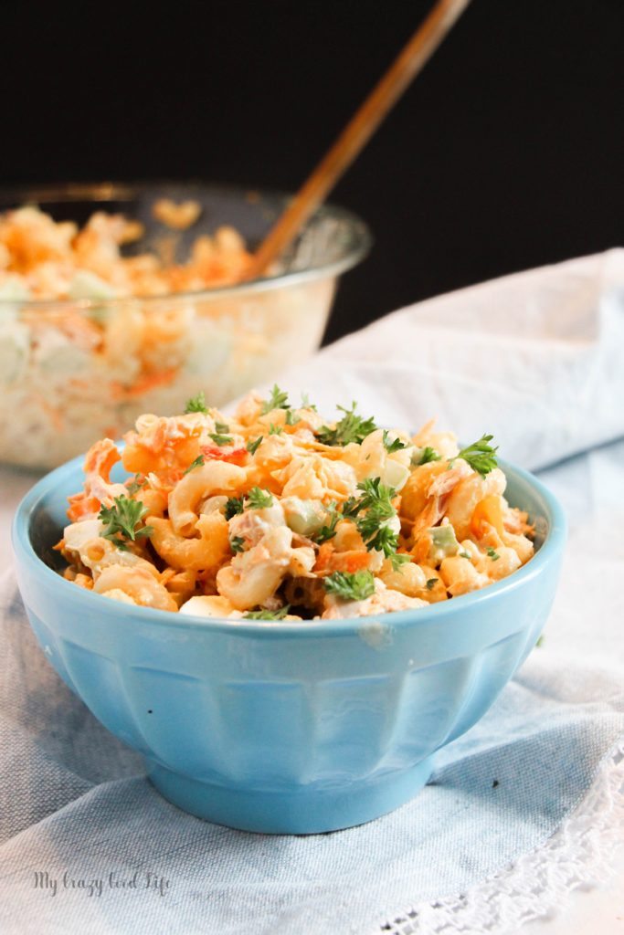 pasta salad in blue bowl