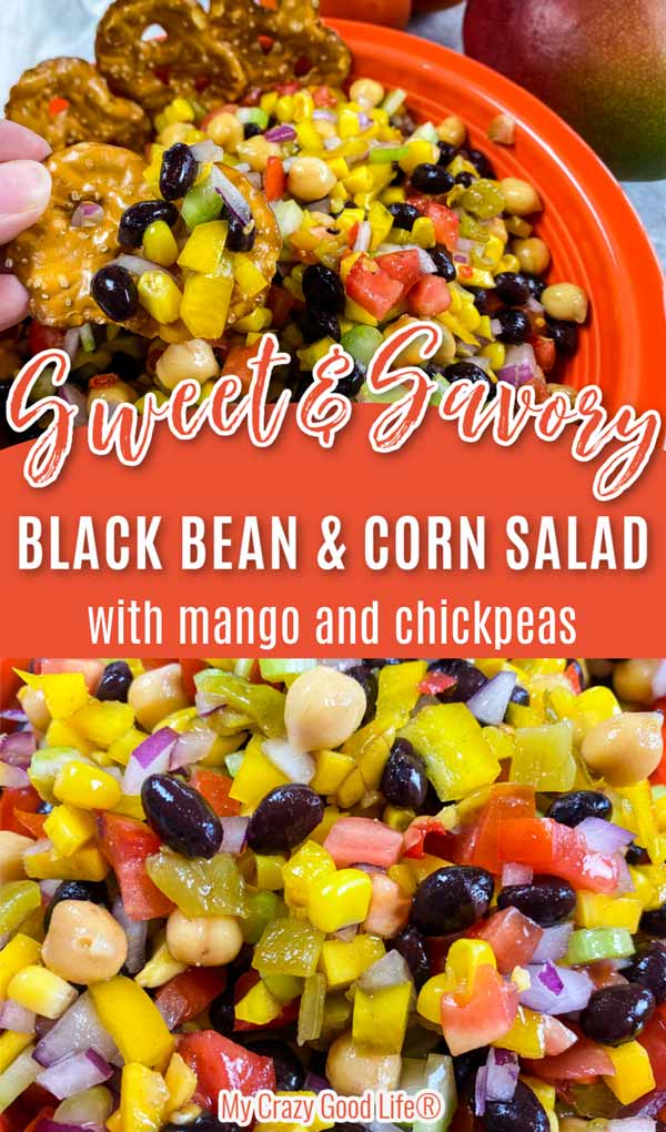 close up of black bean and corn salad with text for pinterest