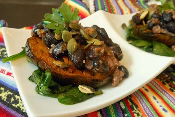 Grilled Eggplant and Spinach With Black Bean Pecan Butter Sauce [Vegan]