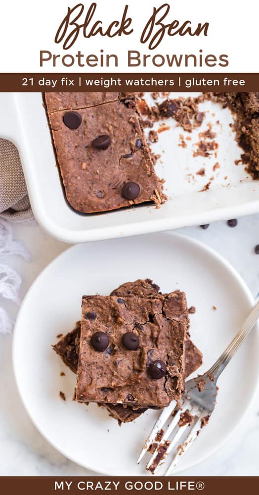 white plate with individual black bean brownie and a pan of brownies next to it. Text added for Pinterest. 