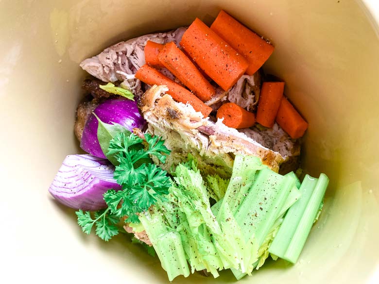 turkey stock ingredients in a stock pot