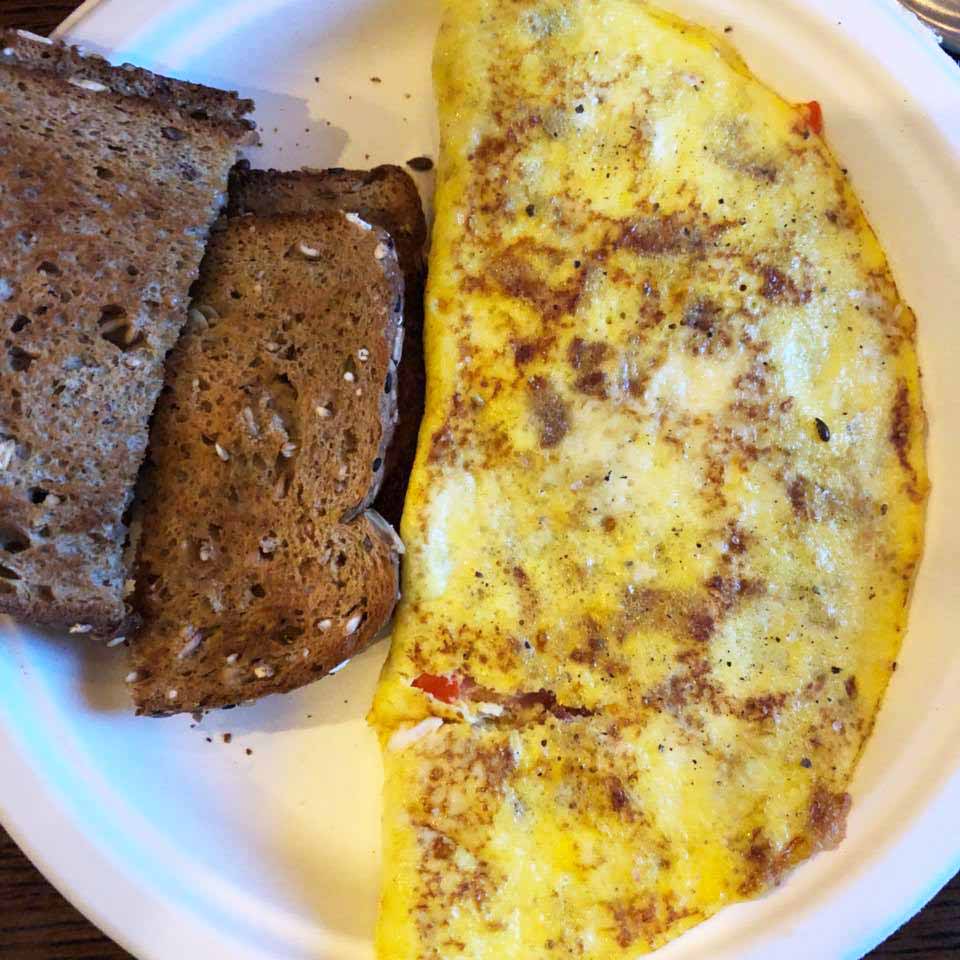 Veggie and bacon omelette with Dave's Killer bread