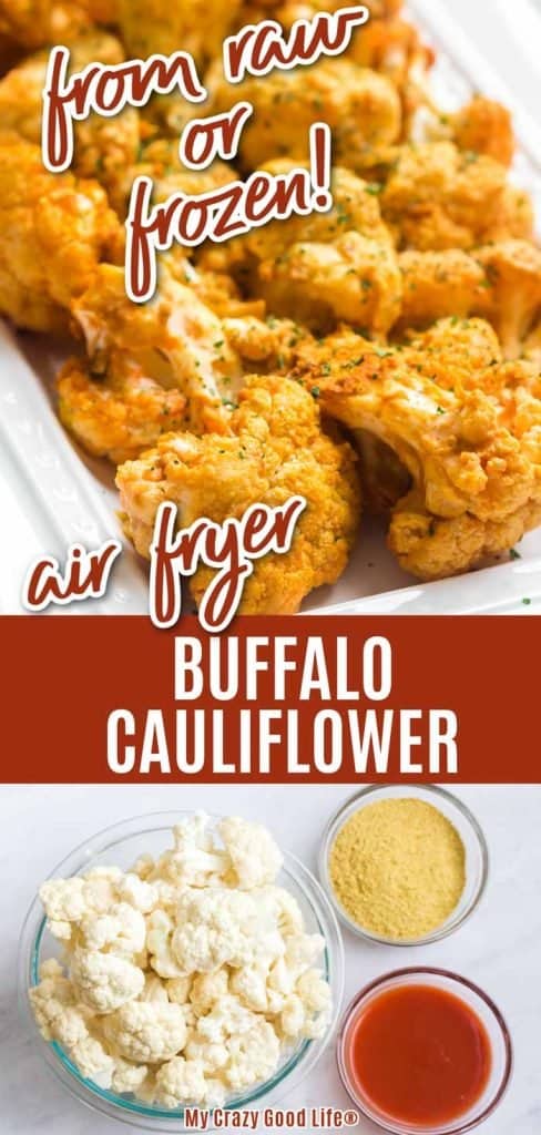 collage with text showing ingredients for making buffalo cauliflower and finished meal