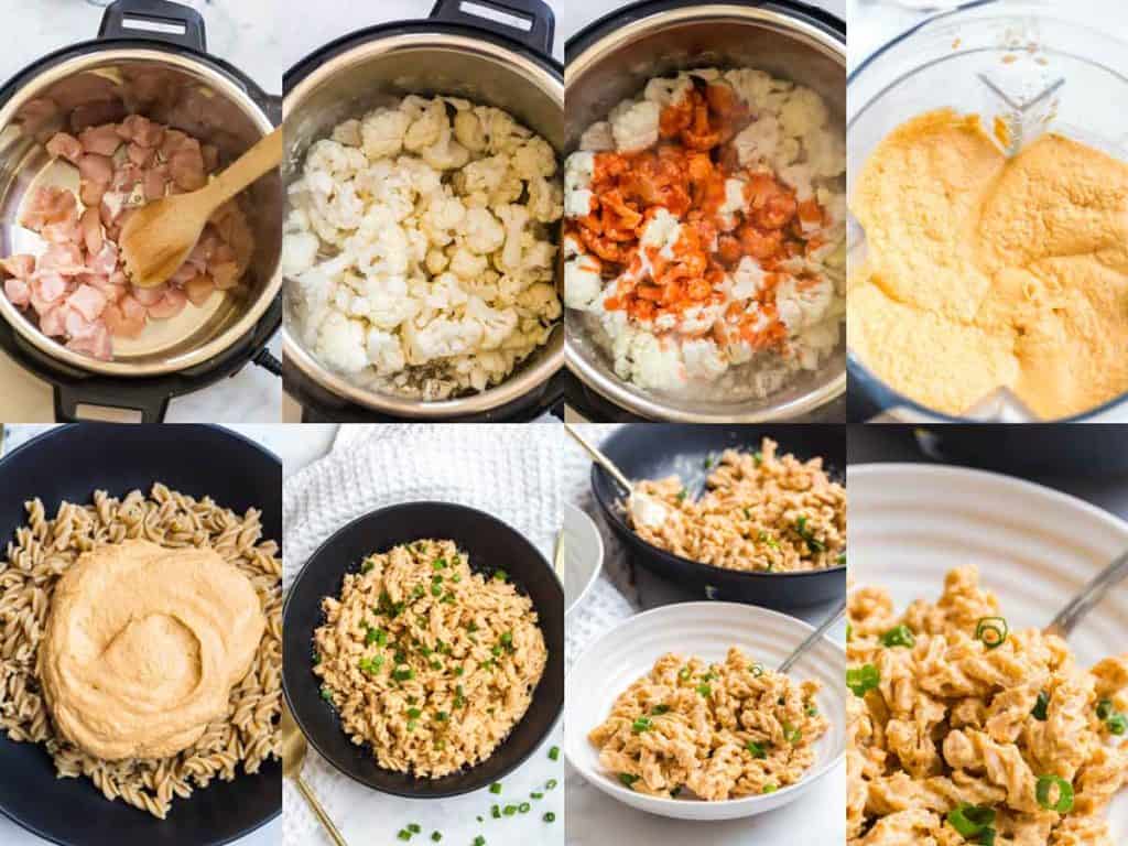 collage of images of buffalo chicken pasta being prepared