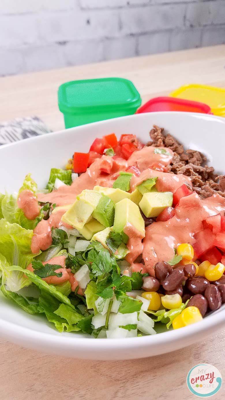 carne asada burrito bowl in white bowl