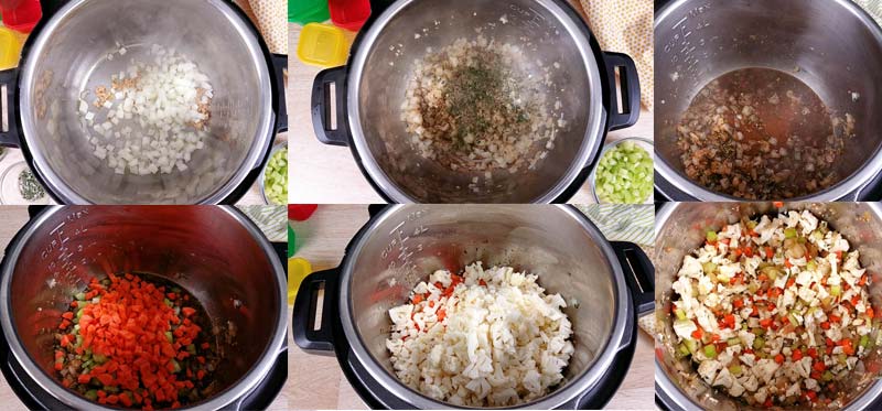 collage showing the steps to making this cauliflower stuffing