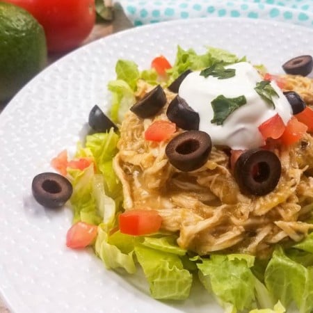 green chili chicken on top of a bed of lettuce with greek yogurt and olives on white plate