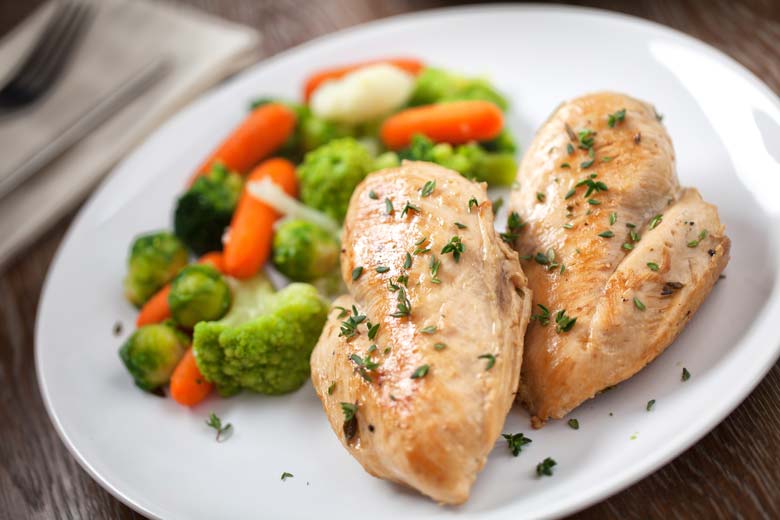 grilled chicken and veggies on a white plate