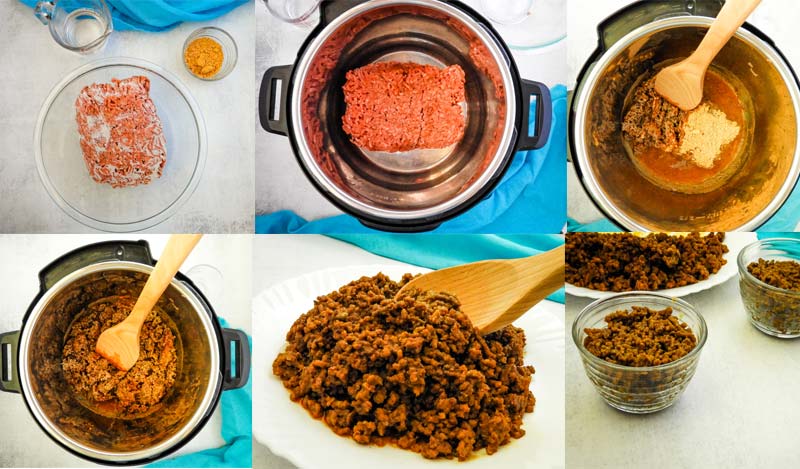 collage of how to cook ground beef in the Instant Pot