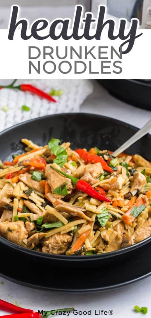 vertical pictures of bowl of drunken noodles in a black matte bowl. Instant Pot in the background.