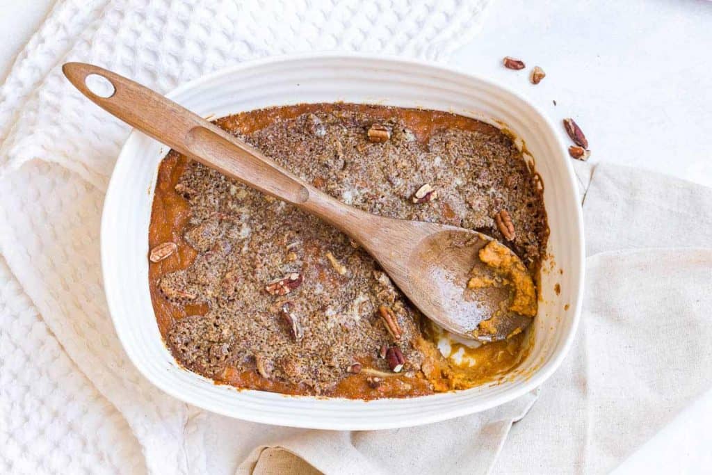 image of Healthy Sweet Potato Casserole in a white casserole dish