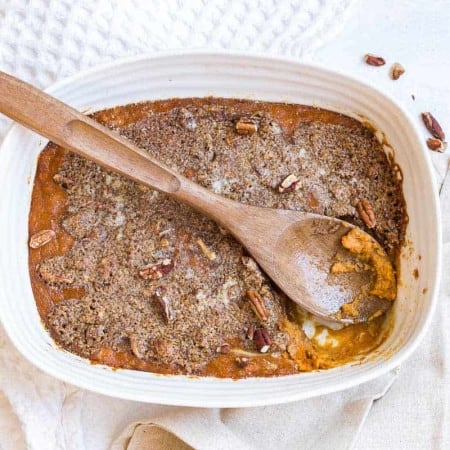 image of Healthy Sweet Potato Casserole in a white casserole dish