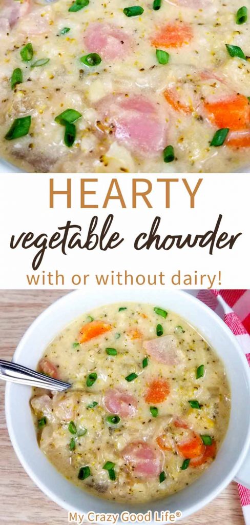 vegetable chowder in a white bowl with text for pinterest