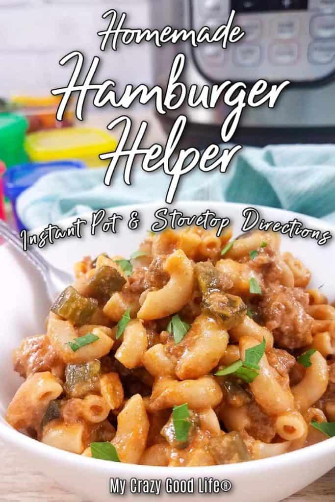 hamburger helper in a white bowl with text for pinterest