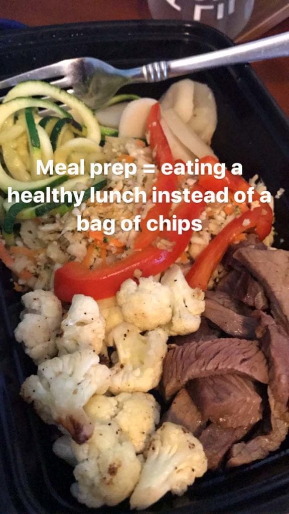 meal prep lunch of steak and roasted vegetables