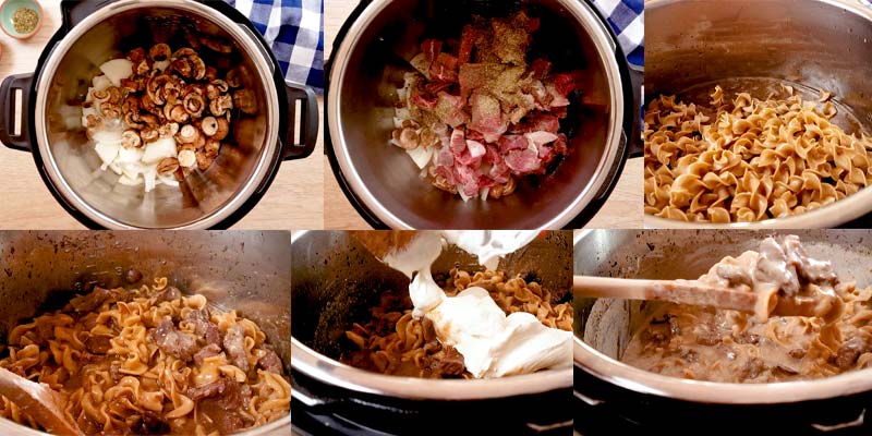 collage with 6 pictures of how to make stroganoff