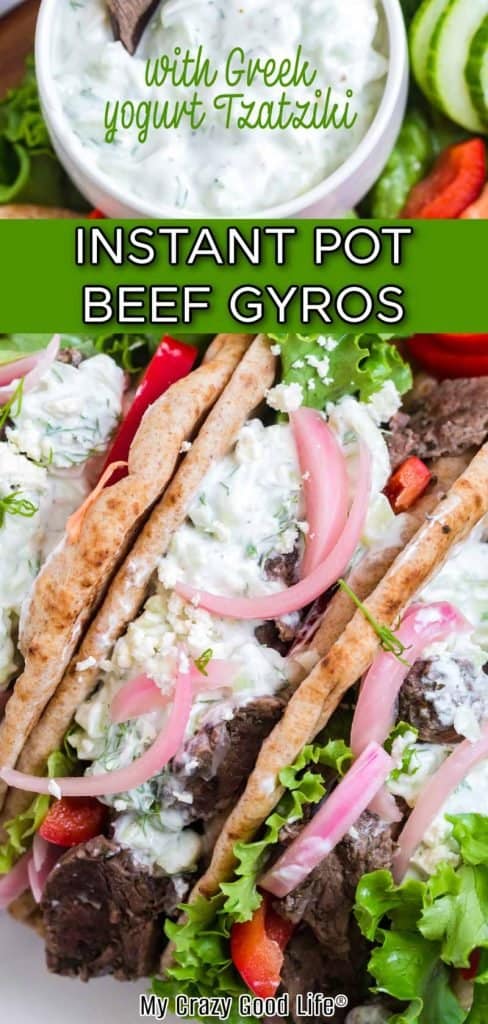 close up of instant pot gyros with text