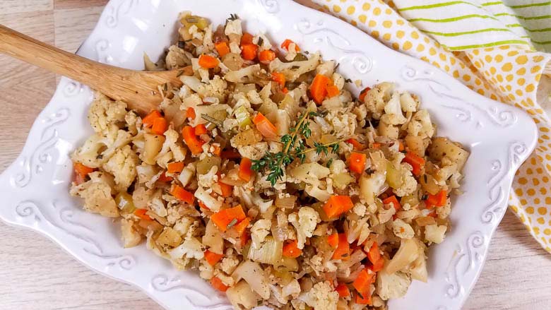 top down view of stuffing on a white dish