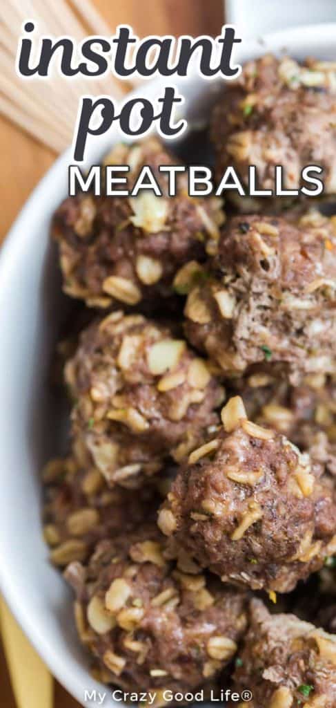 white bowl with close up of homemade meatballs and text