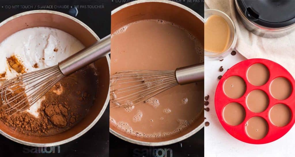 collage showing the steps to make this mocha coffee creamer with almond milk