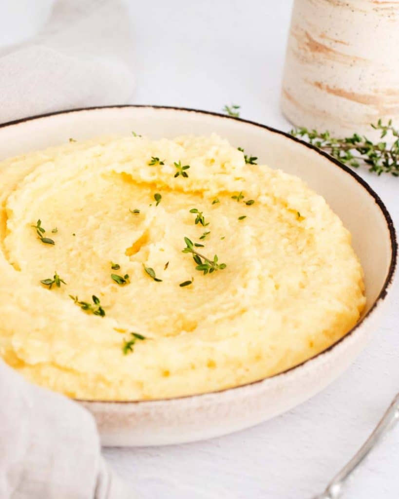 close up of a bowl of polenta