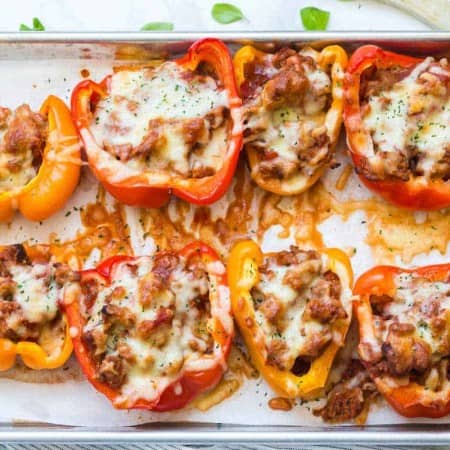 baking sheet with Pizza Stuffed Pepper halves