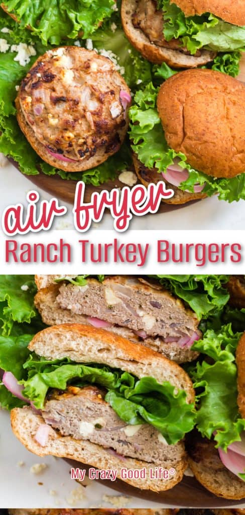 collage with text showing cooked ranch turkey burgers as well as burgers cut in half