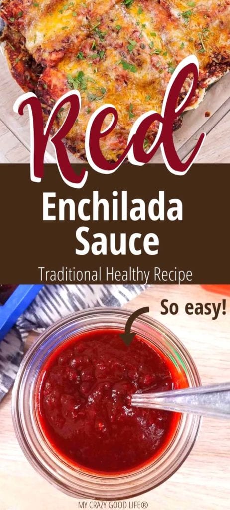 image with text–red enchilada sauce in clear mason jar