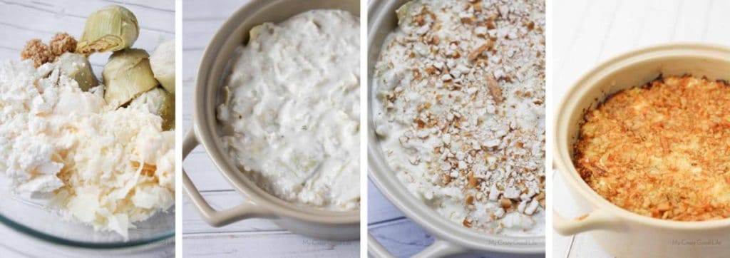 collage of images showing steps to make classic hot artichoke dip