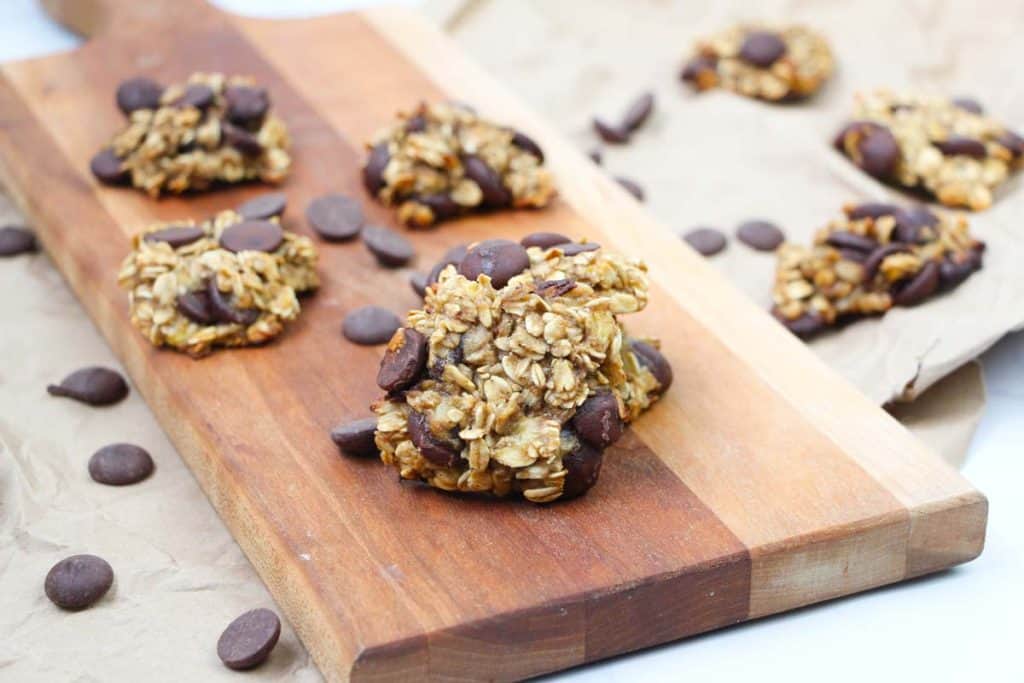 Banana Oatmeal Chocolate Chip Cookies on a wood board