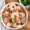 Healthy Crockpot Jambalaya with Quinoa in white bowl from above