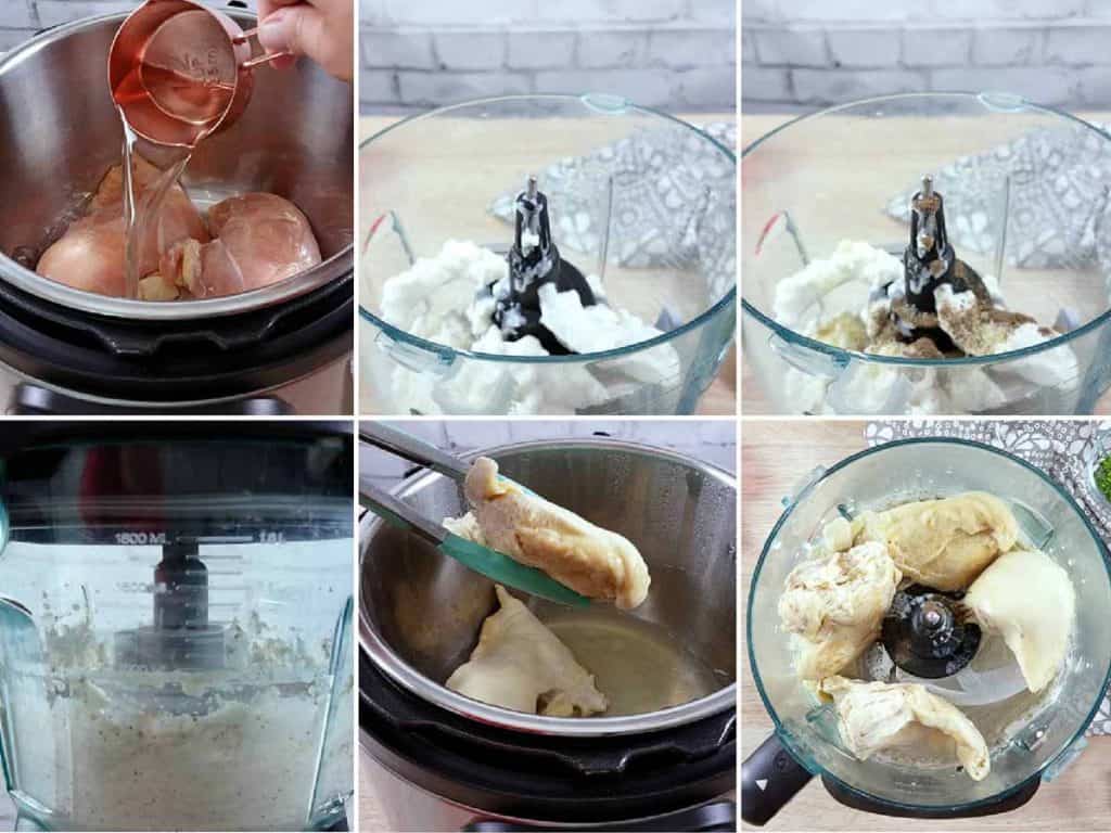 collage of images showing steps to make Healthy Dill Pickle Chicken Salad