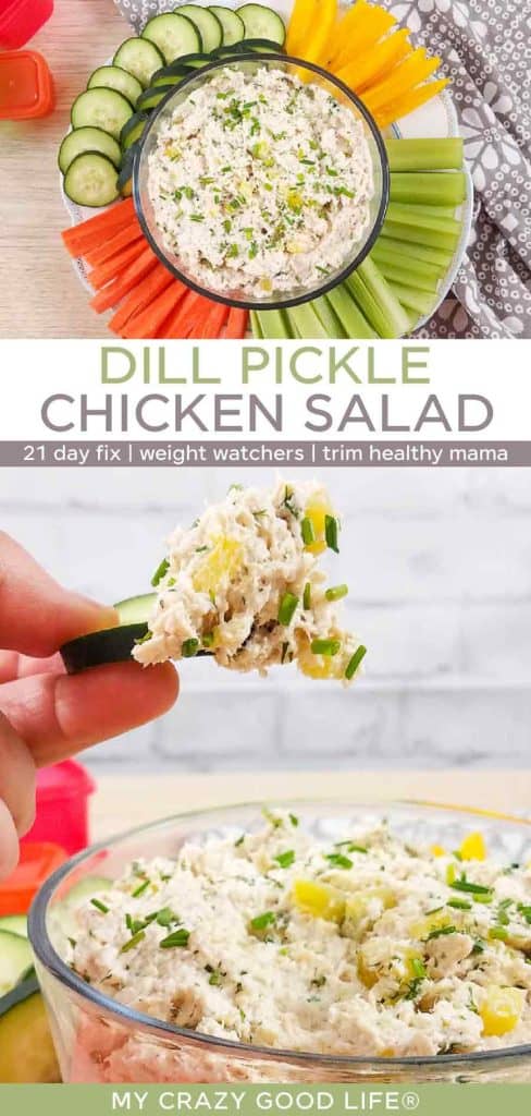 images and text of collage of images showing steps to make Healthy Dill Pickle Chicken Salad for pinterest