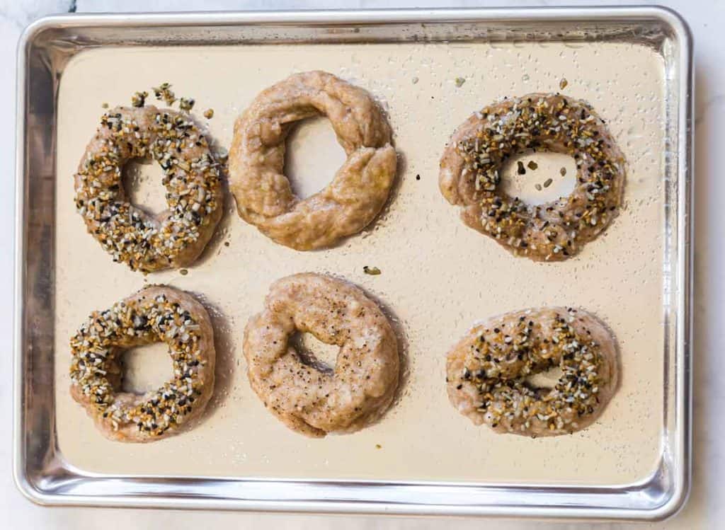 6 bagels on a sheet pan