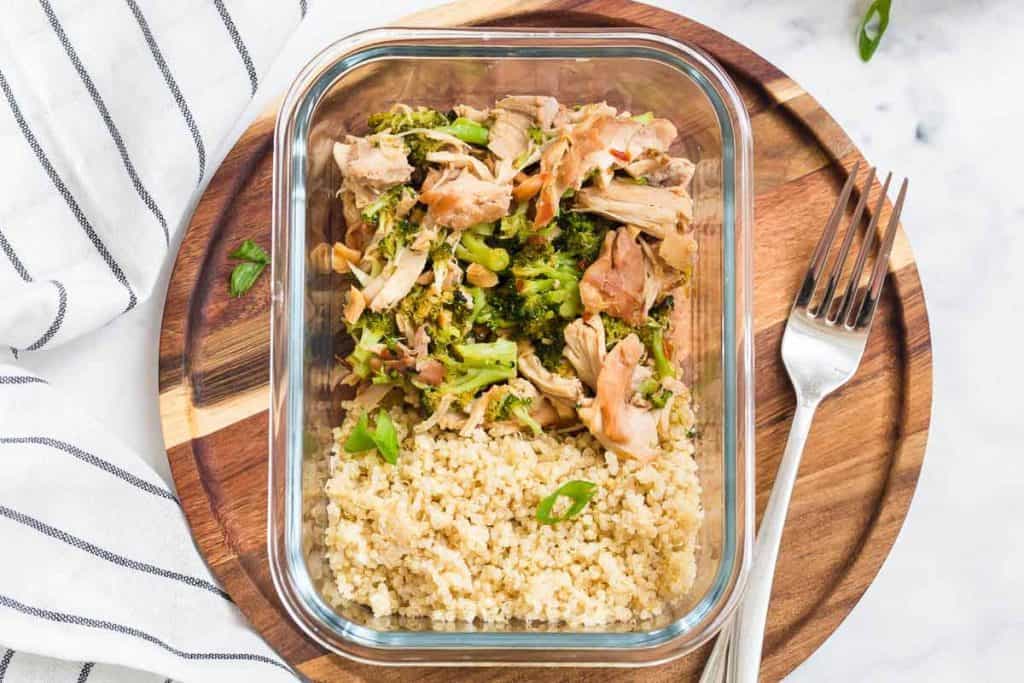 Instant Pot Honey Garlic Chicken in a glass meal prep container