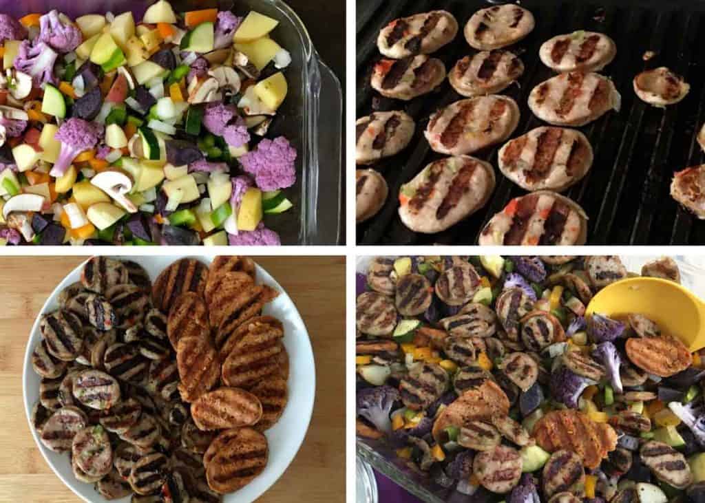 collage of images showing steps to make healthy one pan dinner