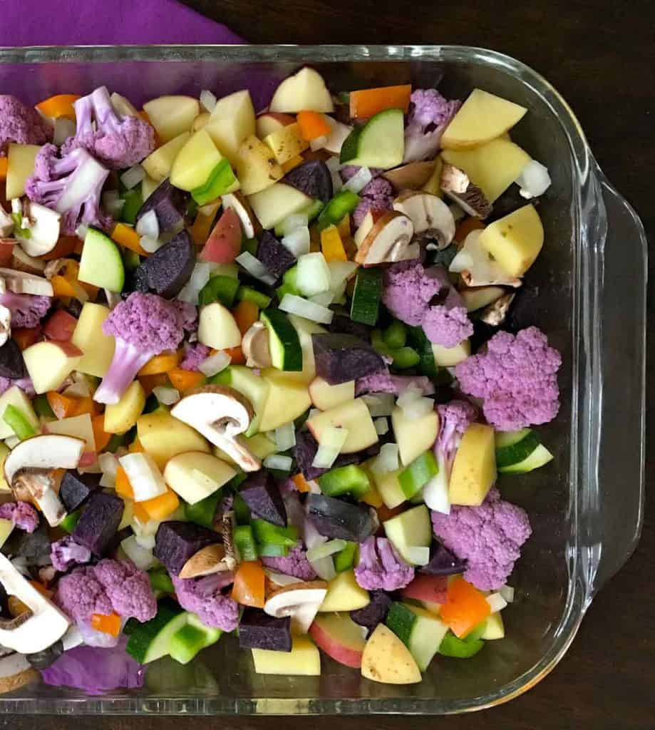 casserole dish with colorful veggies