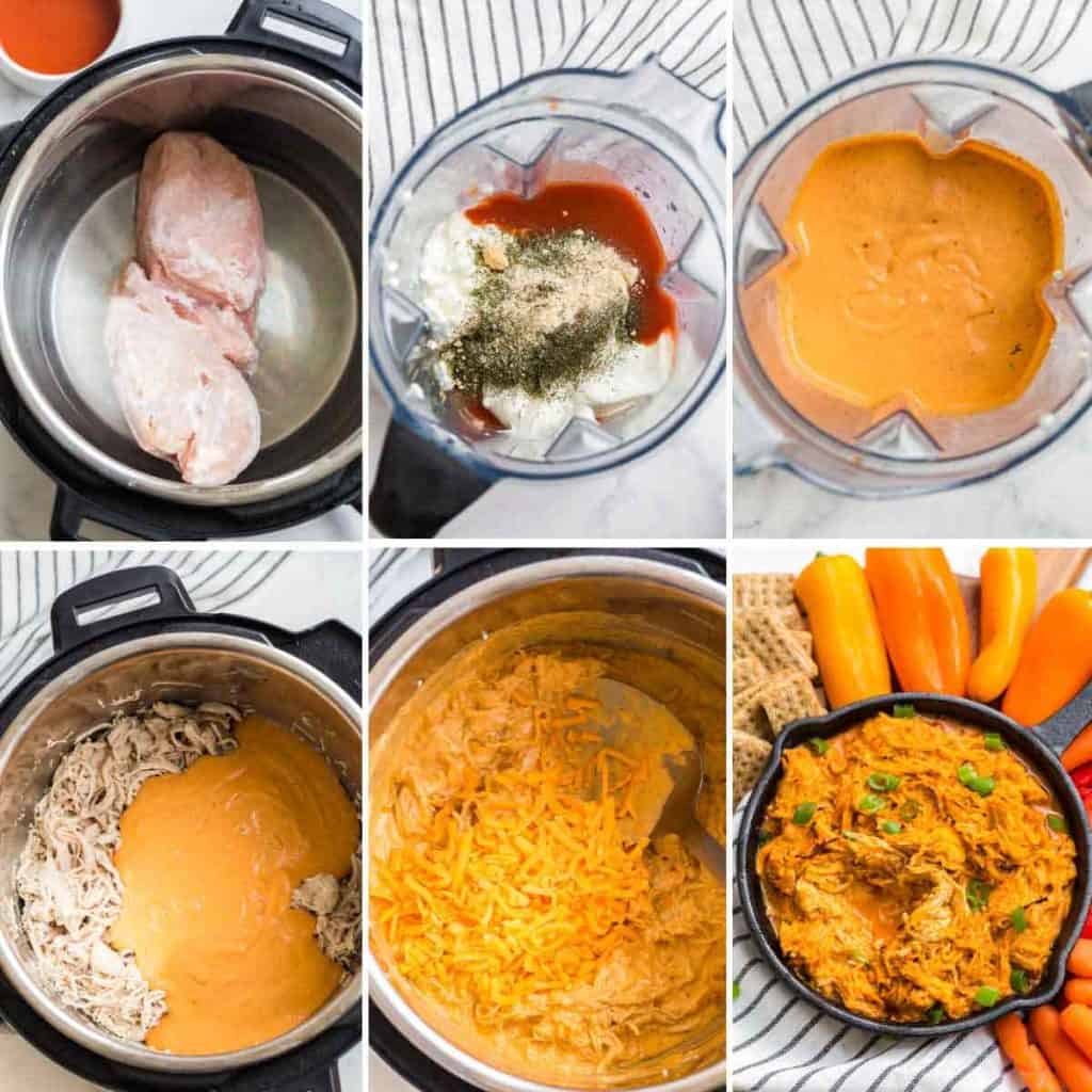 collage of images showing steps to make Weight Watchers Buffalo Chicken Dip