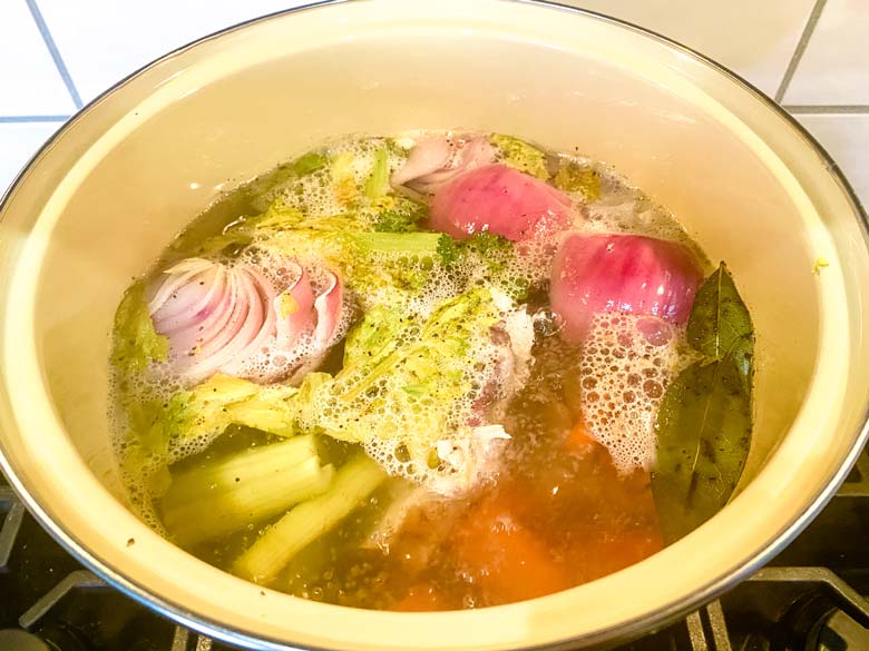 turkey stock simmering on stove