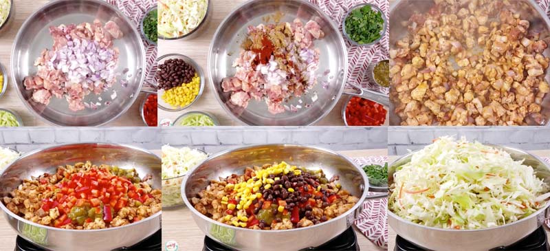 collage showing how to make southwest egg rolls in a bowl