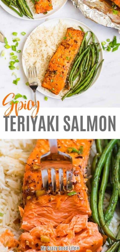 collage of spicy teriyaki salmon with text for pinterest