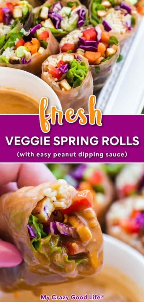 collage showing veggie spring rolls cut in half on white platter and half dipped in peanut sauce, with text for pinterest