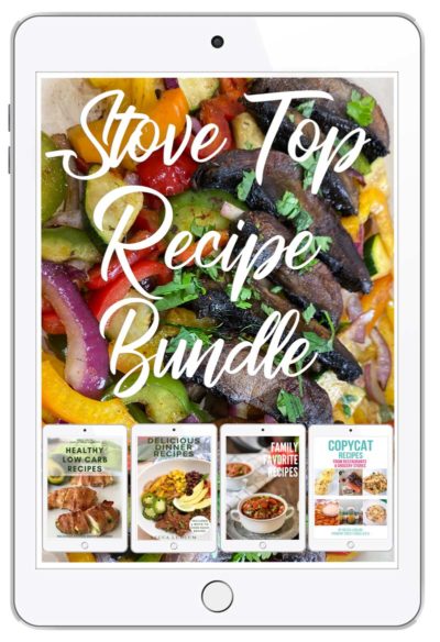 Image of mushroom fajita on ipad cover with text Stove top recipe bundle